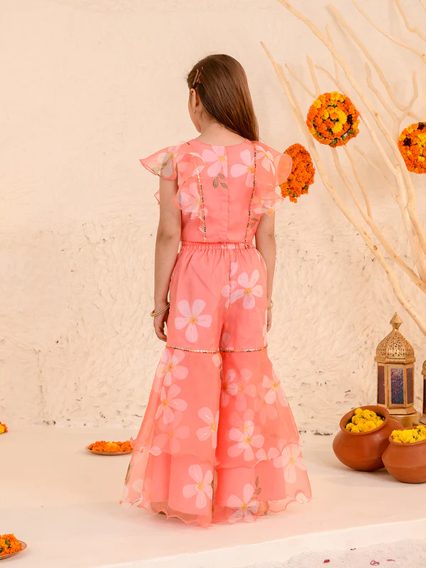 Girl - Peach Sharara & Crop Top with Floral Print