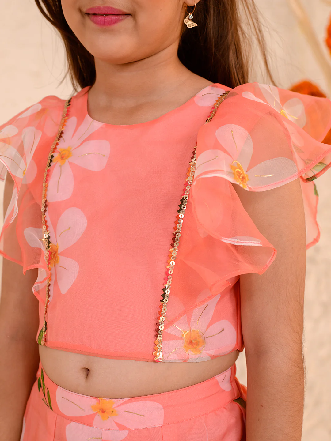 Girl - Peach Sharara & Crop Top with Floral Print