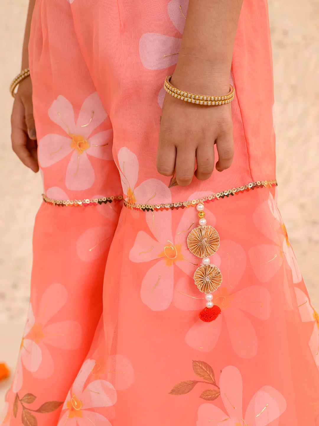 Girl - Peach Sharara & Crop Top with Floral Print