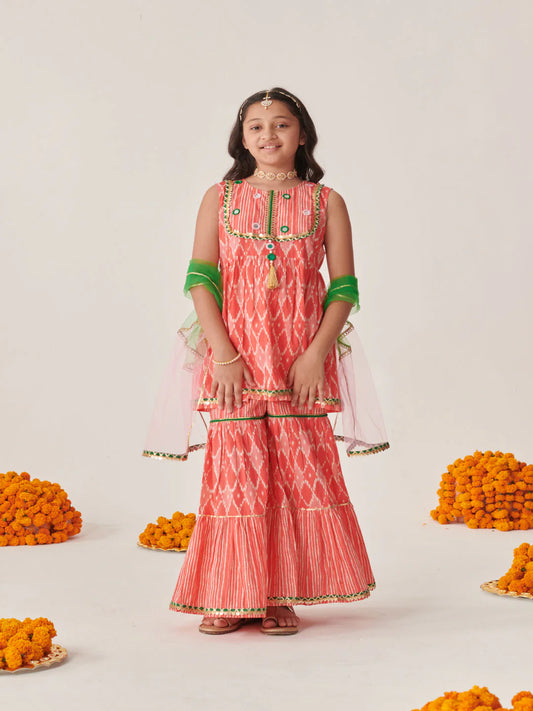 Girl - Orange Sharara Set with Mirror Work & Dupatta