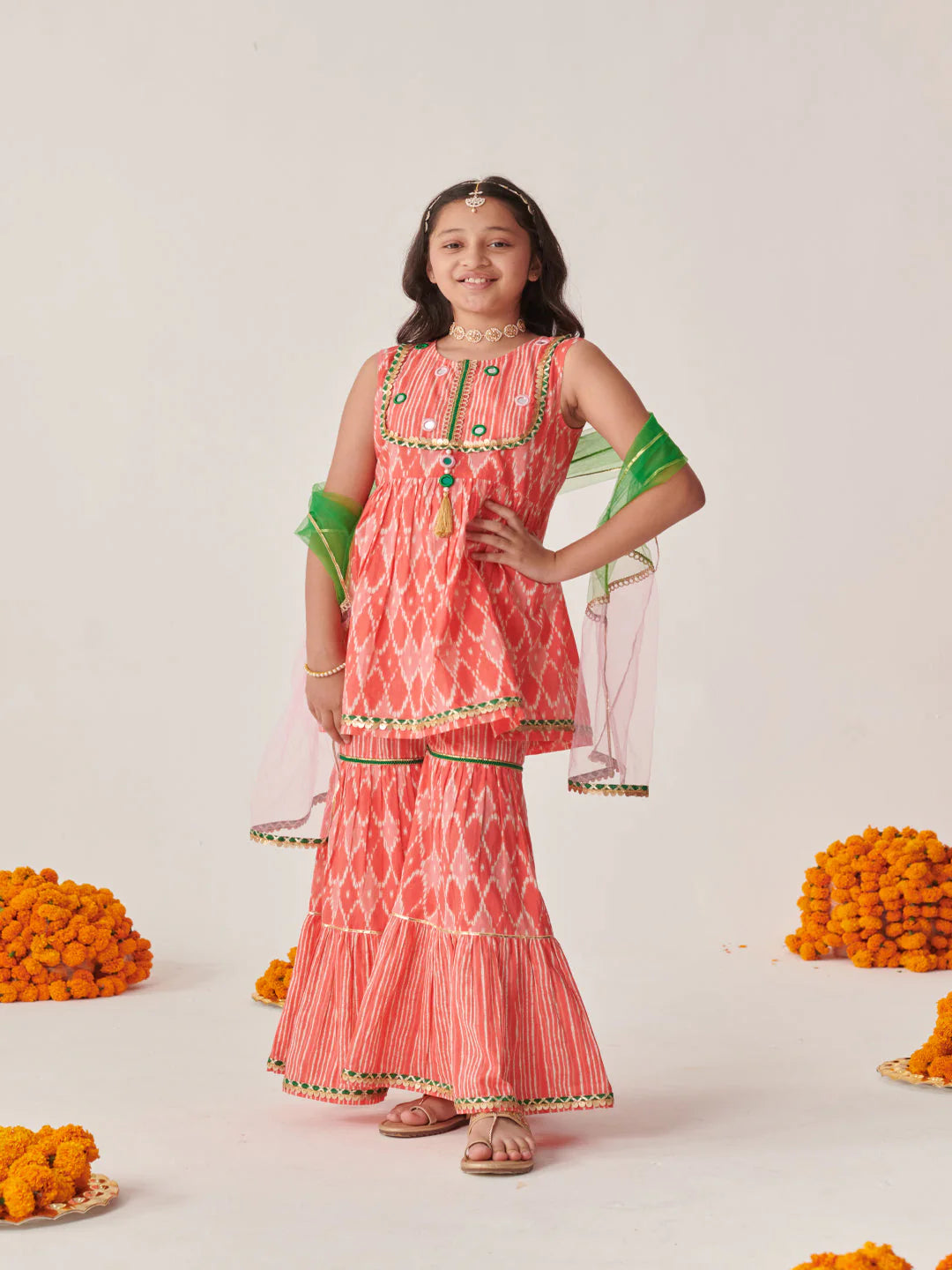 Girl - Orange Sharara Set with Mirror Work & Dupatta