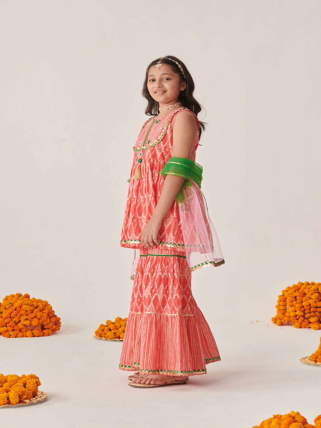 Girl - Orange Sharara Set with Mirror Work & Dupatta
