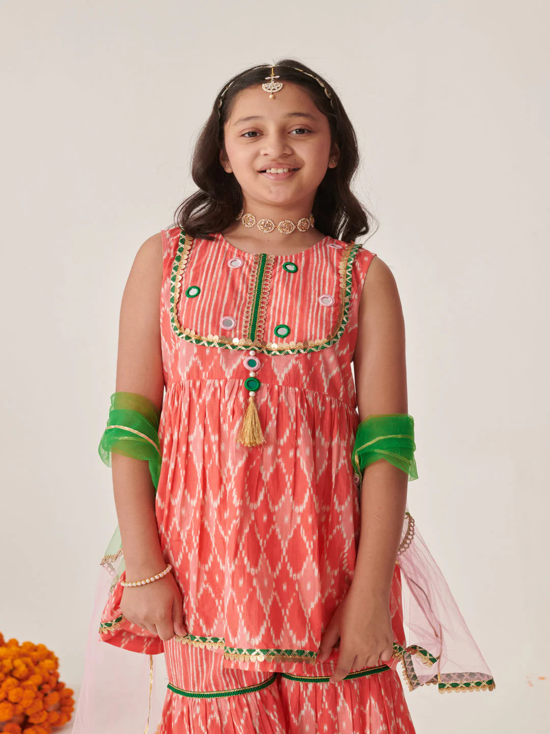 Girl - Orange Sharara Set with Mirror Work & Dupatta