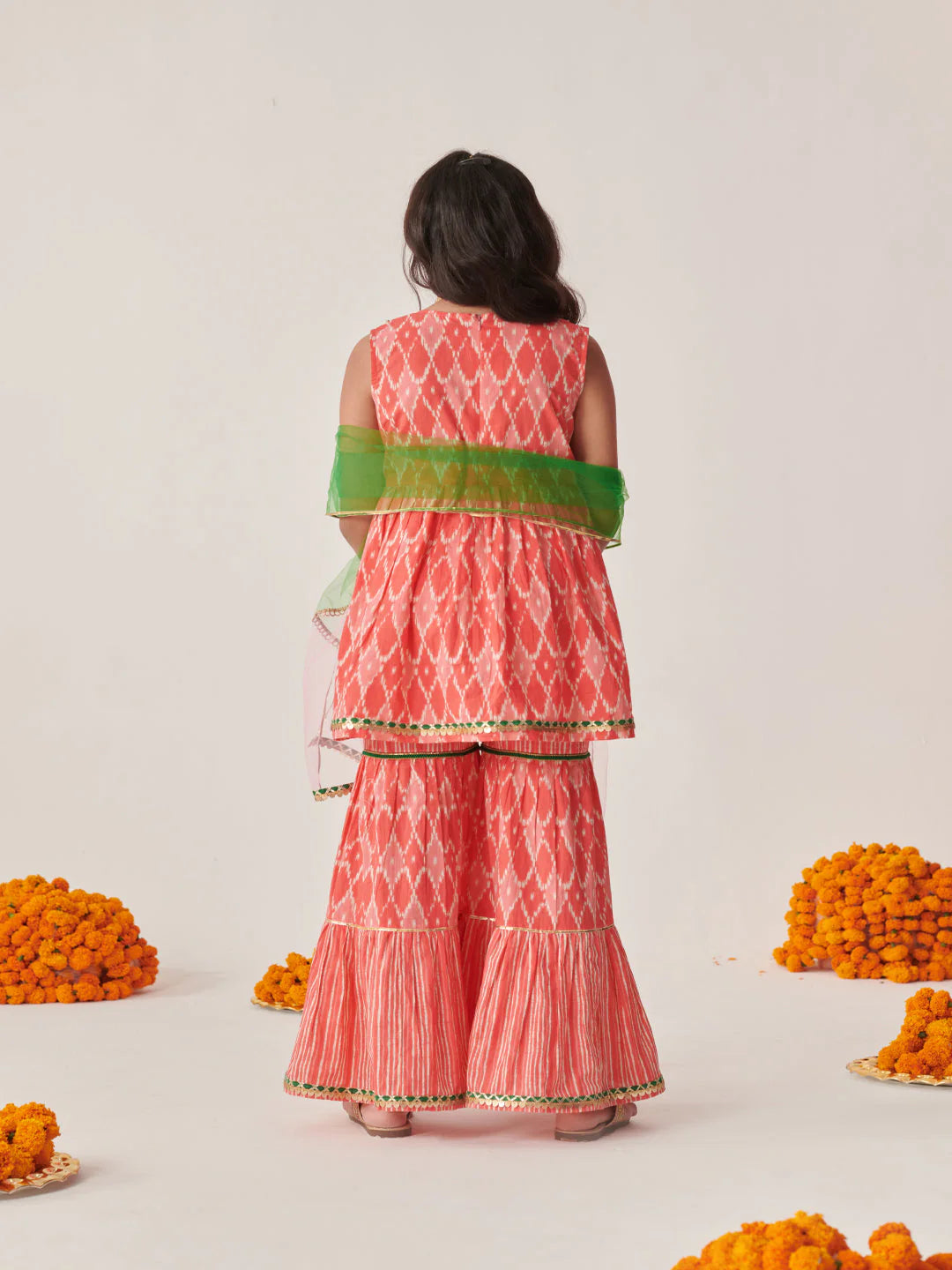 Girl - Orange Sharara Set with Mirror Work & Dupatta