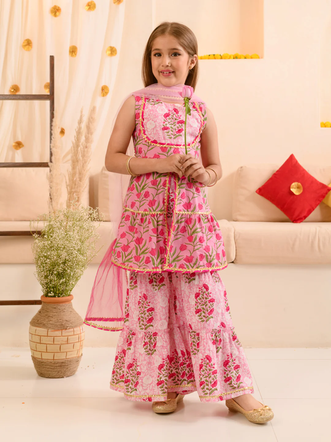 Girl - Pink Floral Print Sharara Set with Dupatta