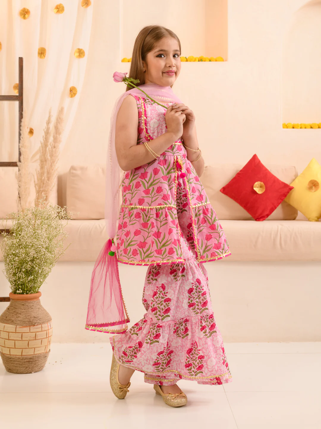 Girl - Pink Floral Print Sharara Set with Dupatta