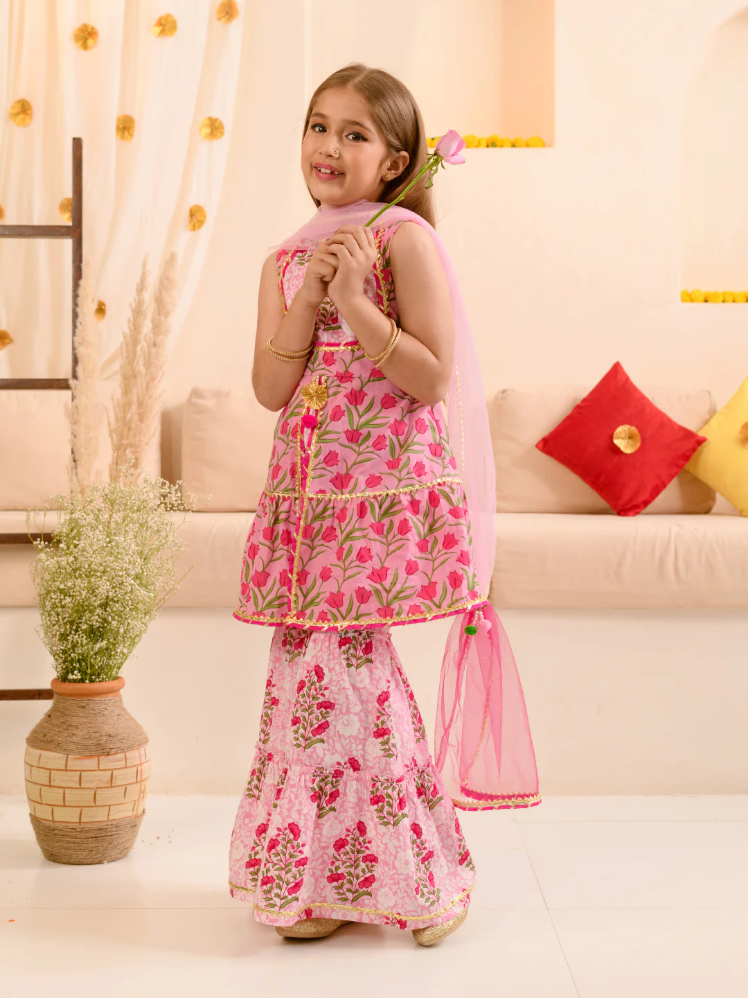 Girl - Pink Floral Print Sharara Set with Dupatta