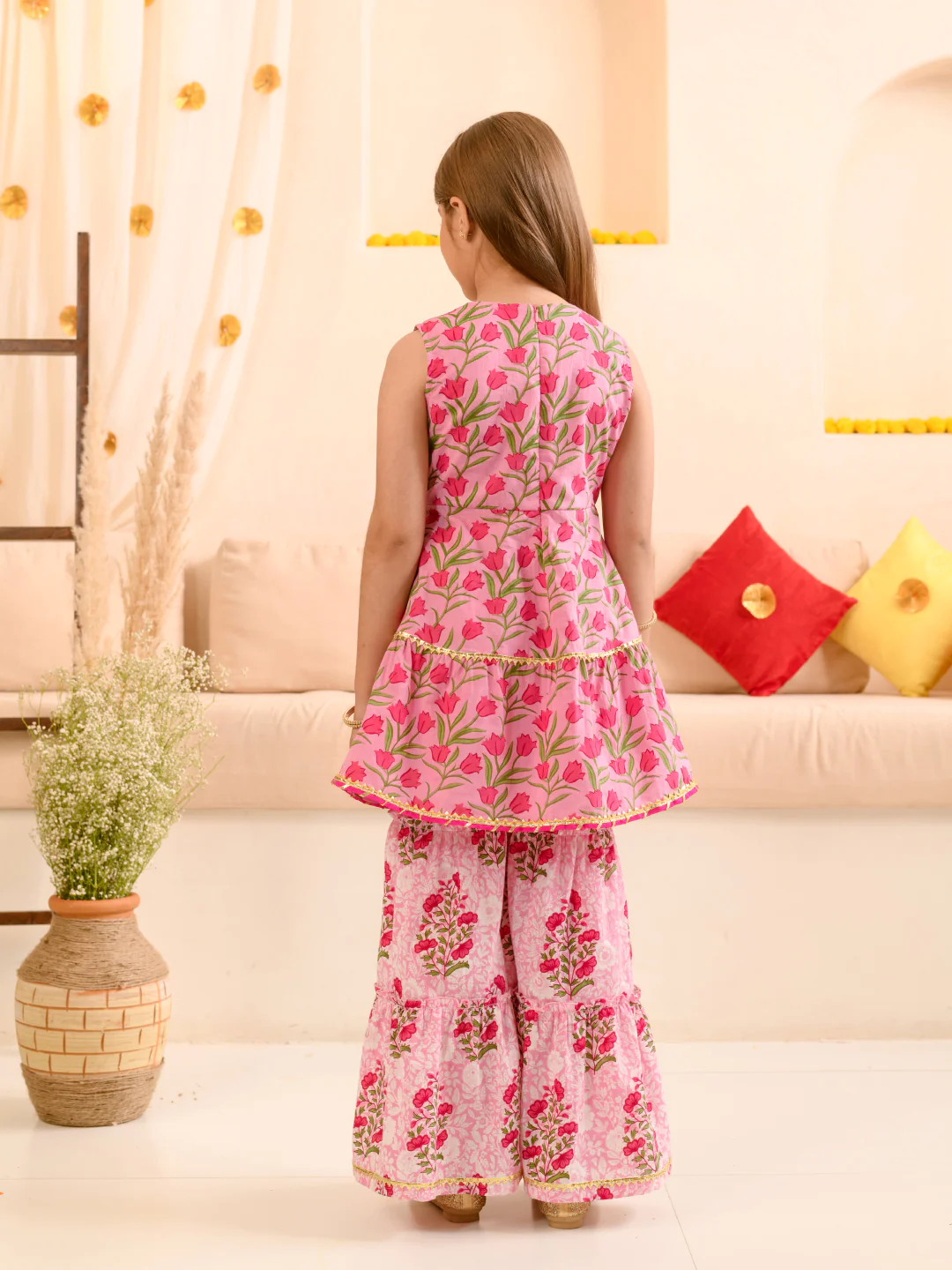 Girl - Pink Floral Print Sharara Set with Dupatta