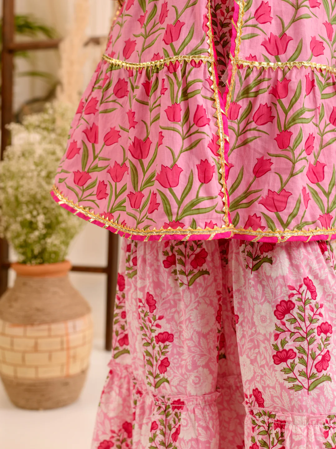 Girl - Pink Floral Print Sharara Set with Dupatta