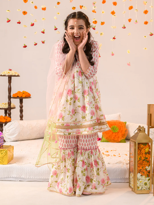 Girl - Floral Print Offwhite & Pink Sharara Set with Dupatta