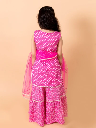 Girl - Pink Cotton Bandhani Print Sharara Set