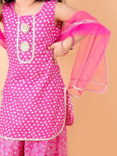 Girl - Pink Cotton Bandhani Print Sharara Set