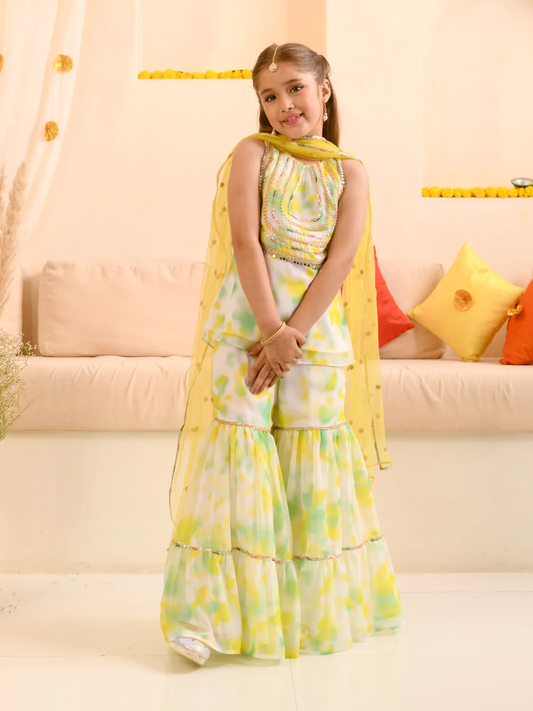 Girl - Yellow & Green with Golden Sequence work Sharara Set with Dupatta