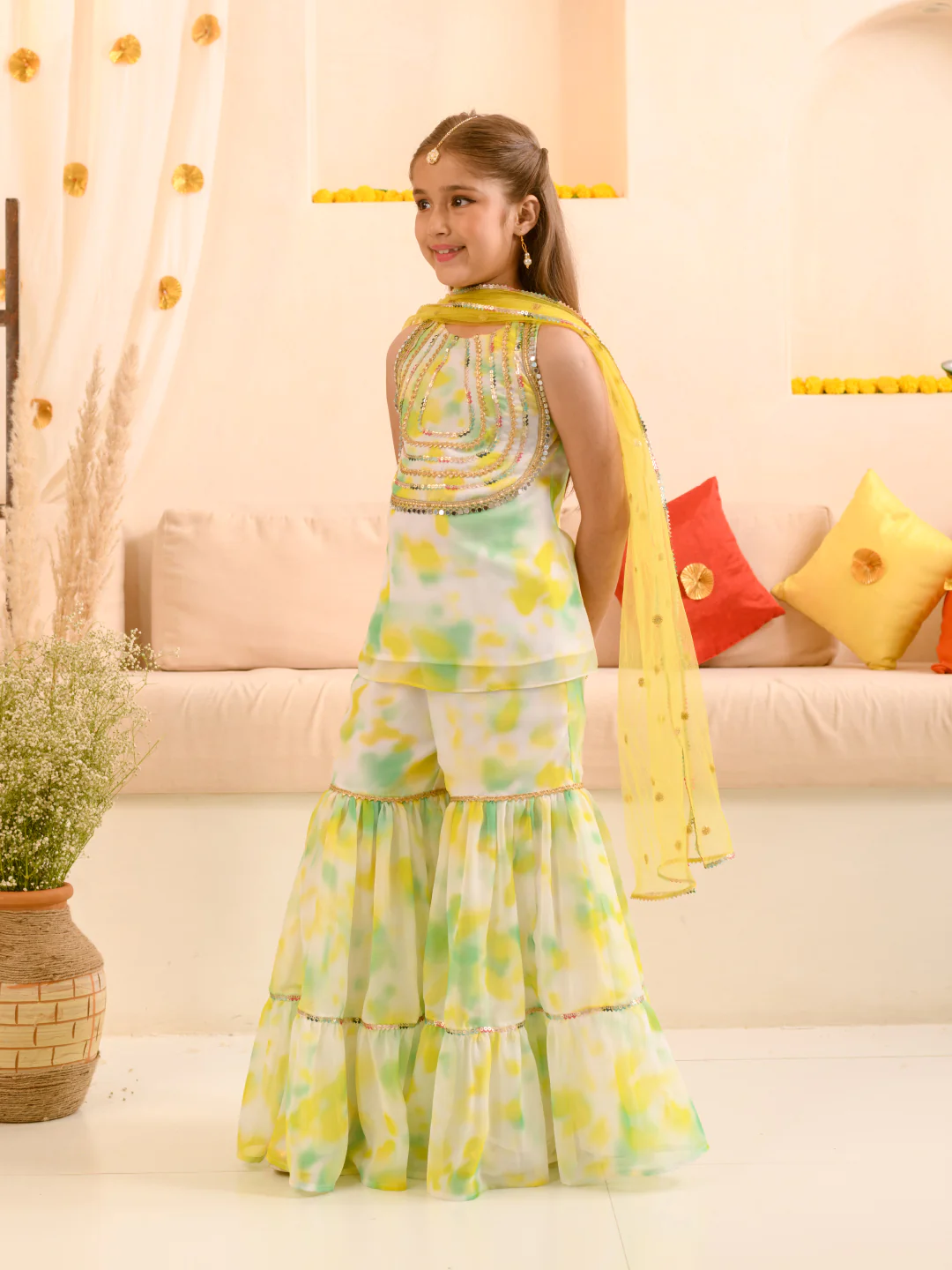 Girl - Yellow & Green with Golden Sequence work Sharara Set with Dupatta