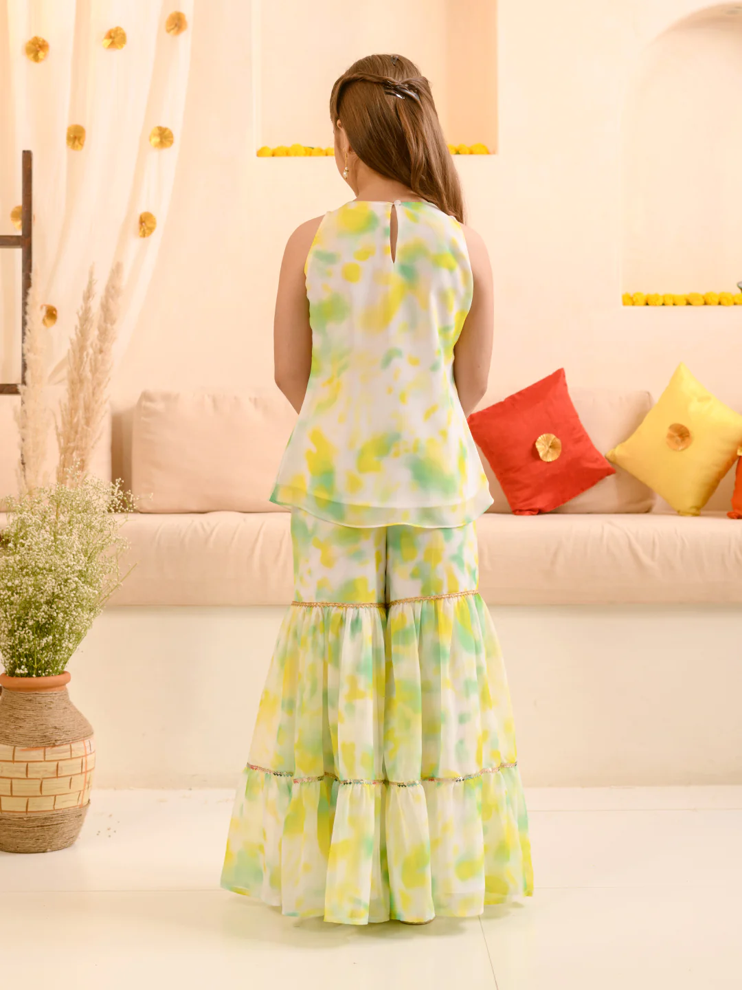 Girl - Yellow & Green with Golden Sequence work Sharara Set with Dupatta