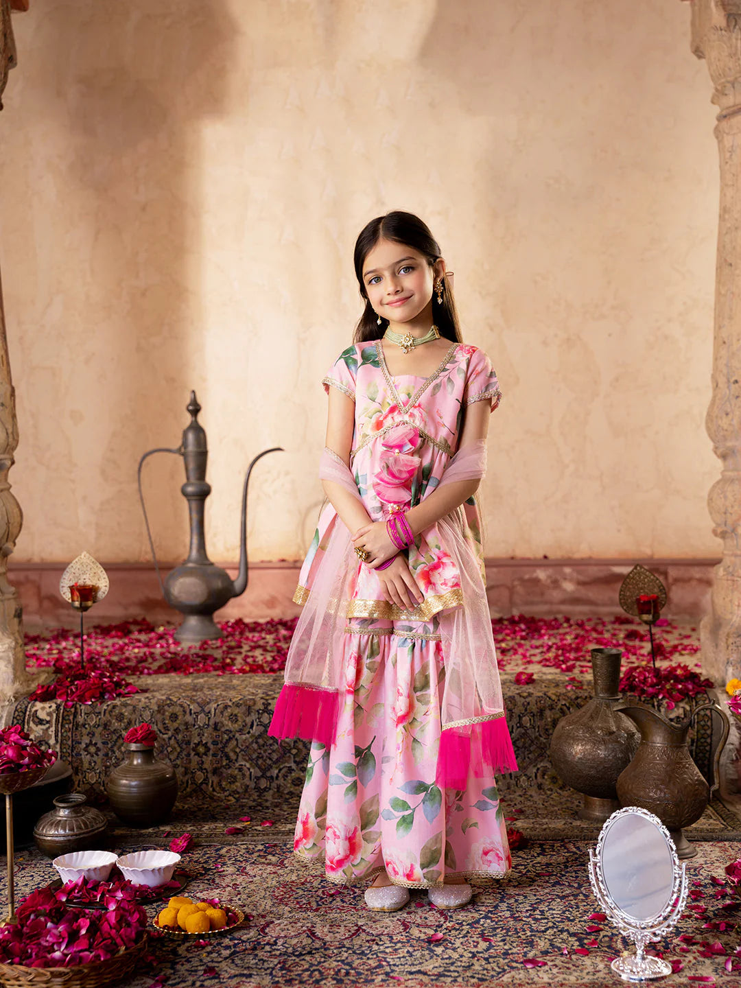 Girl - Peach Color Floral Sharara Set With Dupatta