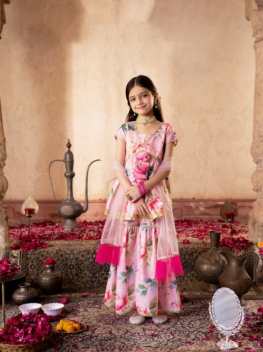 Girl - Peach Color Floral Sharara Set With Dupatta
