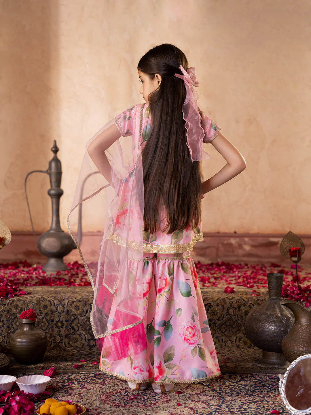 Girl - Peach Color Floral Sharara Set With Dupatta