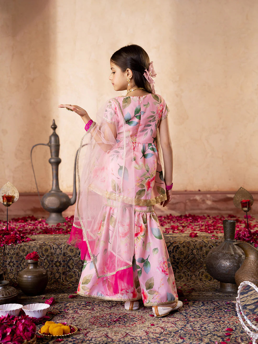 Girl - Peach Color Floral Sharara Set With Dupatta