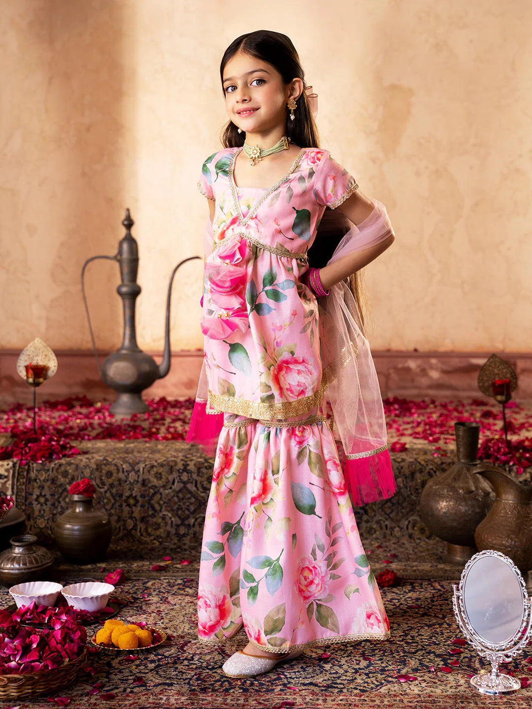 Girl - Peach Color Floral Sharara Set With Dupatta