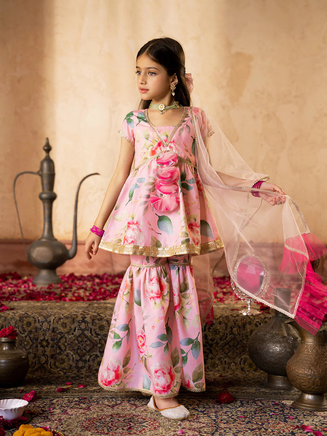Girl - Peach Color Floral Sharara Set With Dupatta