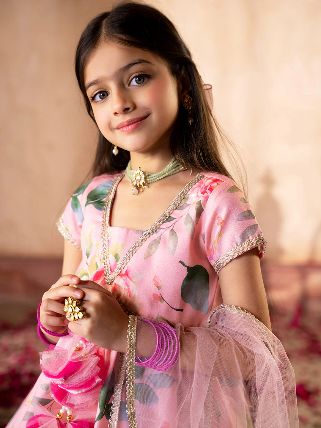 Girl - Peach Color Floral Sharara Set With Dupatta