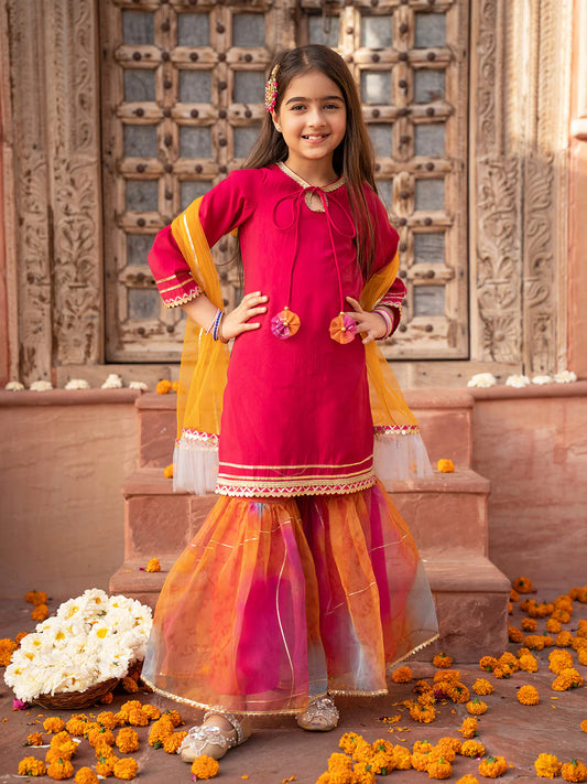 Girl - Magenta Color Cotton Kurta & Multicolor Sharara Set with Dupatta