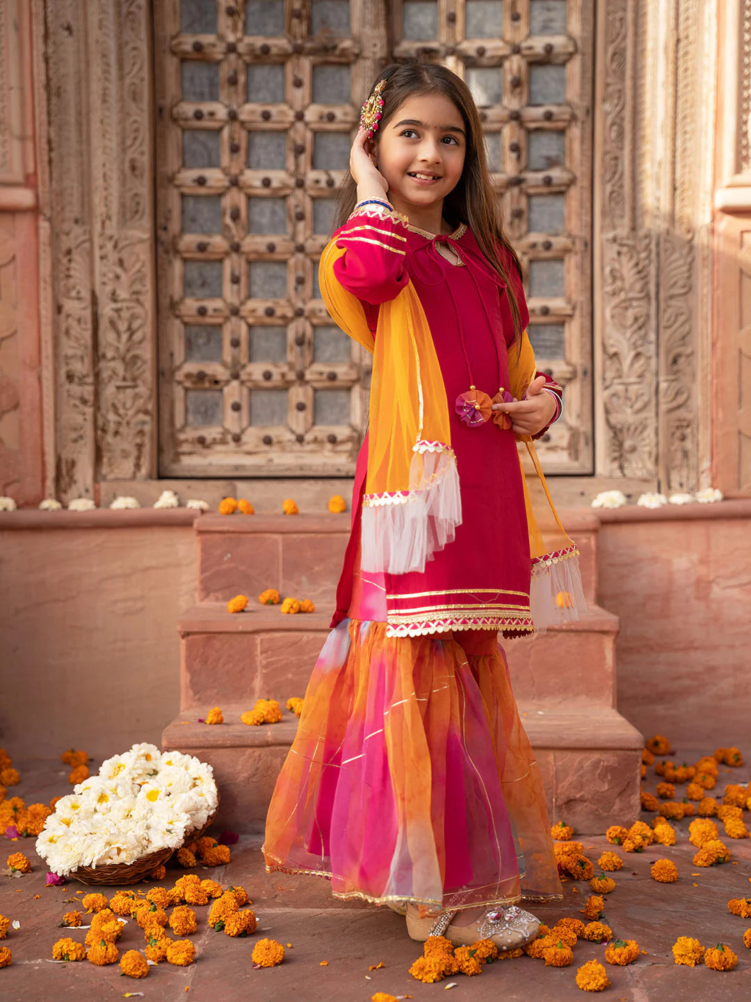 Girl - Magenta Color Cotton Kurta & Multicolor Sharara Set with Dupatta