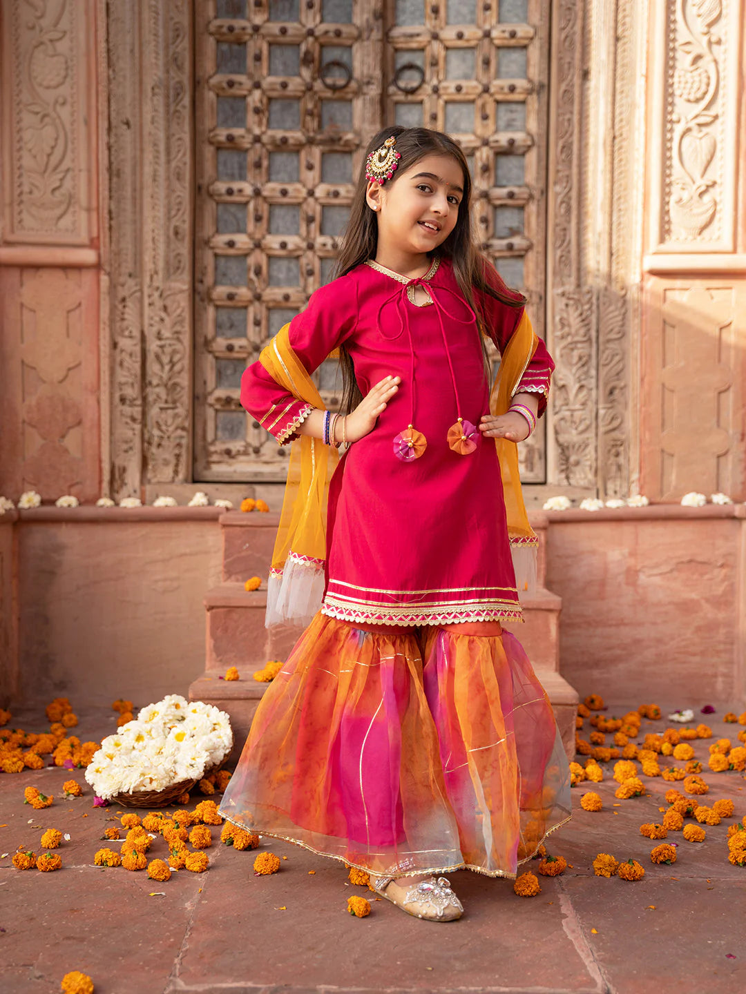 Girl - Magenta Color Cotton Kurta & Multicolor Sharara Set with Dupatta