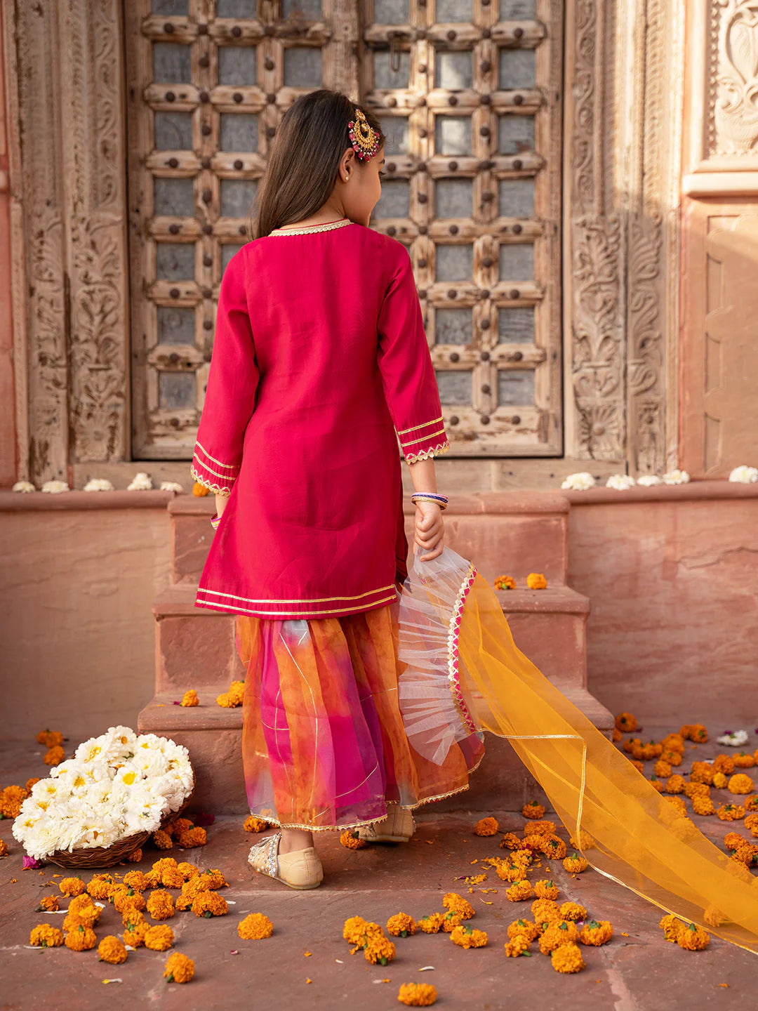 Girl - Magenta Color Cotton Kurta & Multicolor Sharara Set with Dupatta