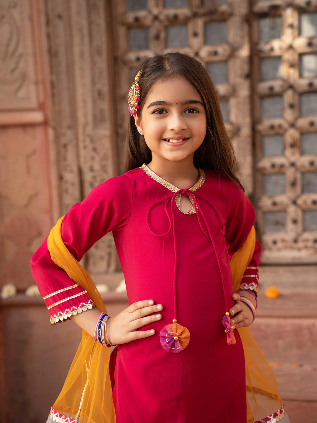 Girl - Magenta Color Cotton Kurta & Multicolor Sharara Set with Dupatta