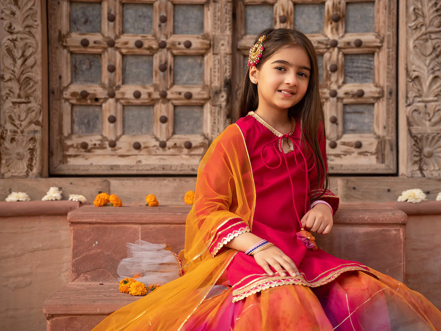 Girl - Magenta Color Cotton Kurta & Multicolor Sharara Set with Dupatta