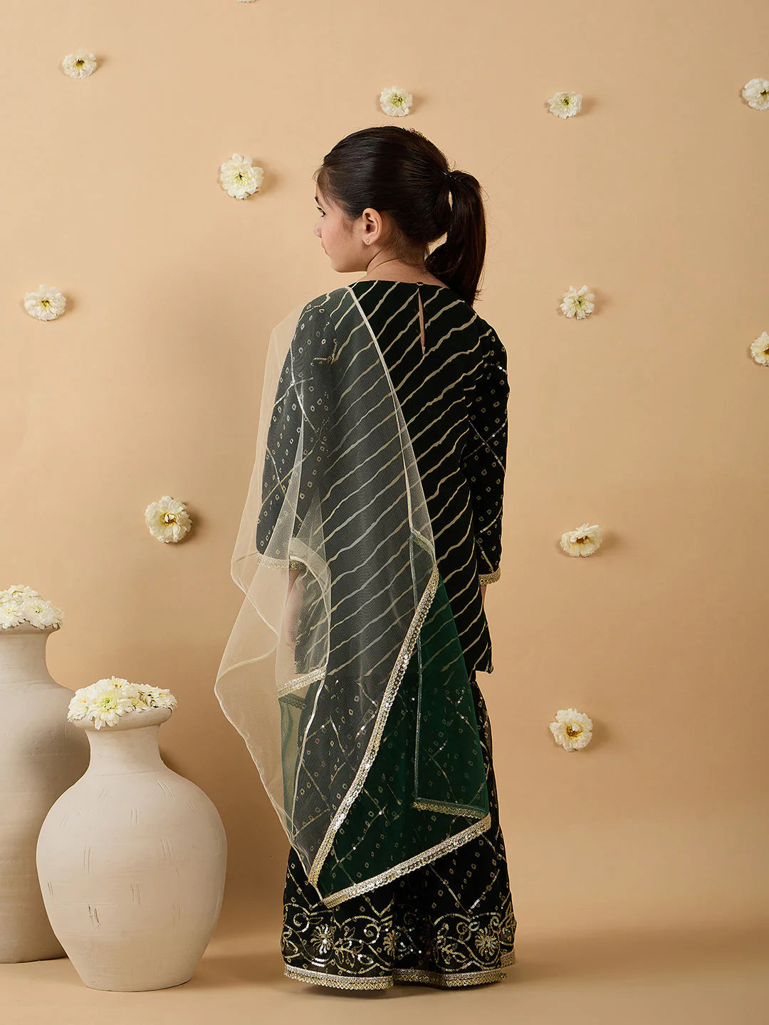 Girl - Bottle Green Georgette Sharara Set With Dupatta