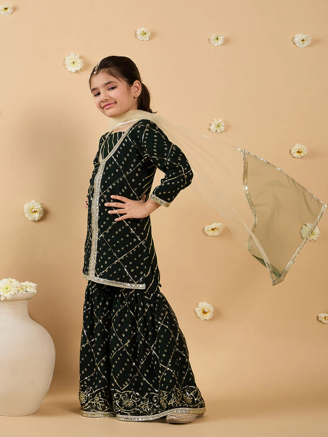 Girl - Bottle Green Georgette Sharara Set With Dupatta