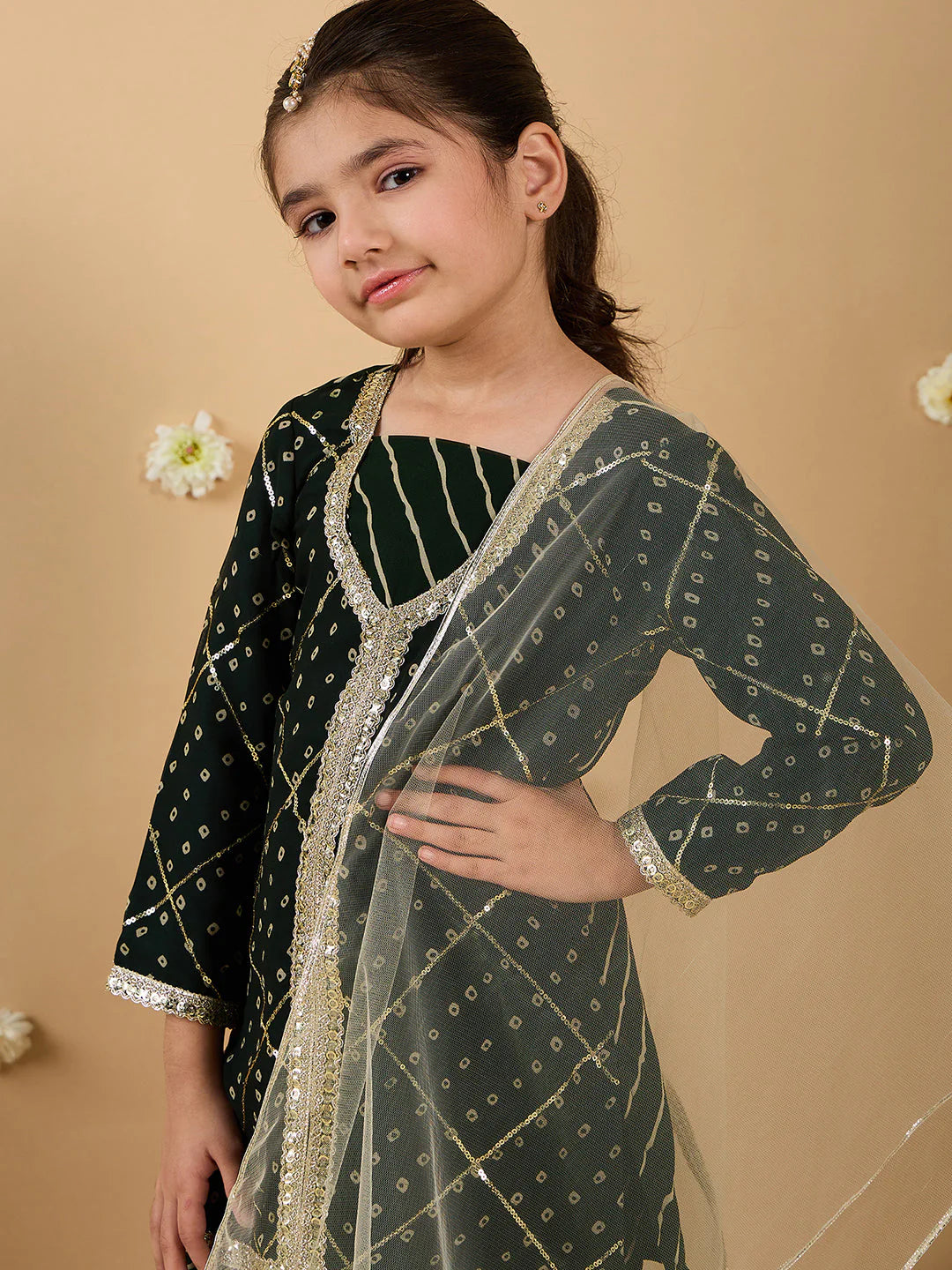 Girl - Bottle Green Georgette Sharara Set With Dupatta