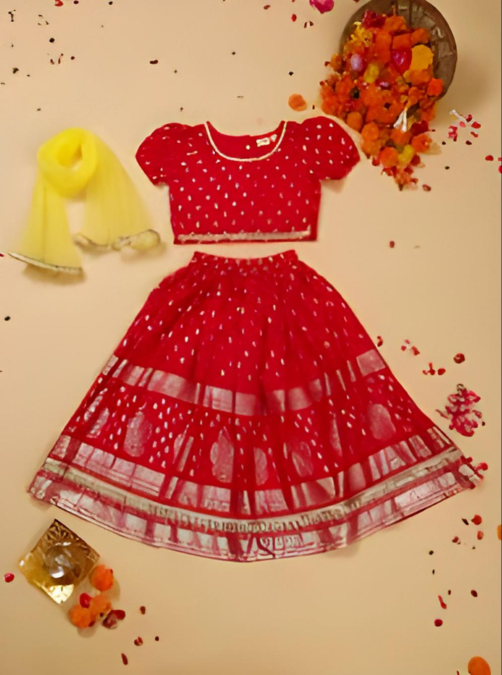 Red Lehenga Choli with golden work and Yellow Dupatta