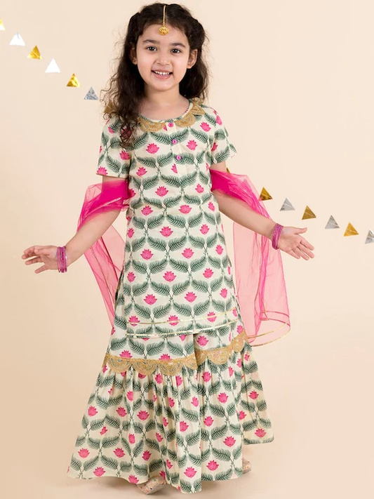 Girl - Green & Pink Lotus Print Sharara Set with Dupatta