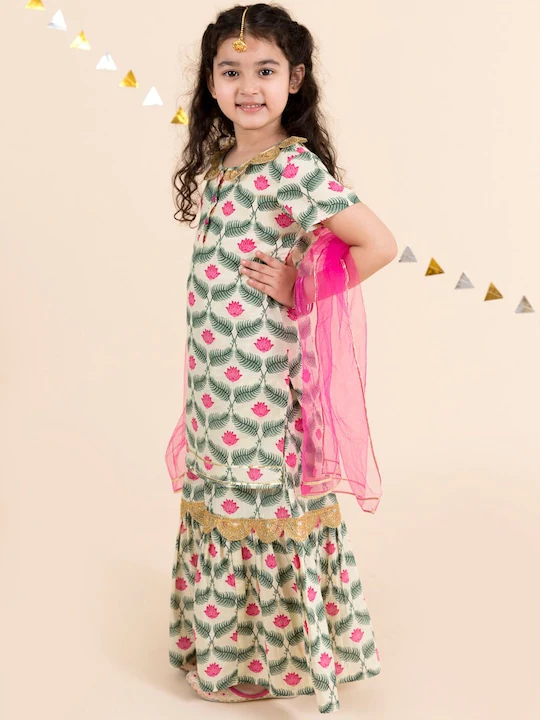 Girl - Green & Pink Lotus Print Sharara Set with Dupatta