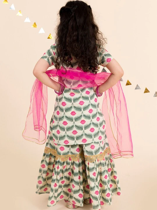 Girl - Green & Pink Lotus Print Sharara Set with Dupatta
