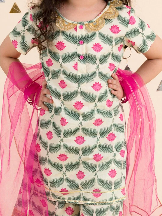 Girl - Green & Pink Lotus Print Sharara Set with Dupatta