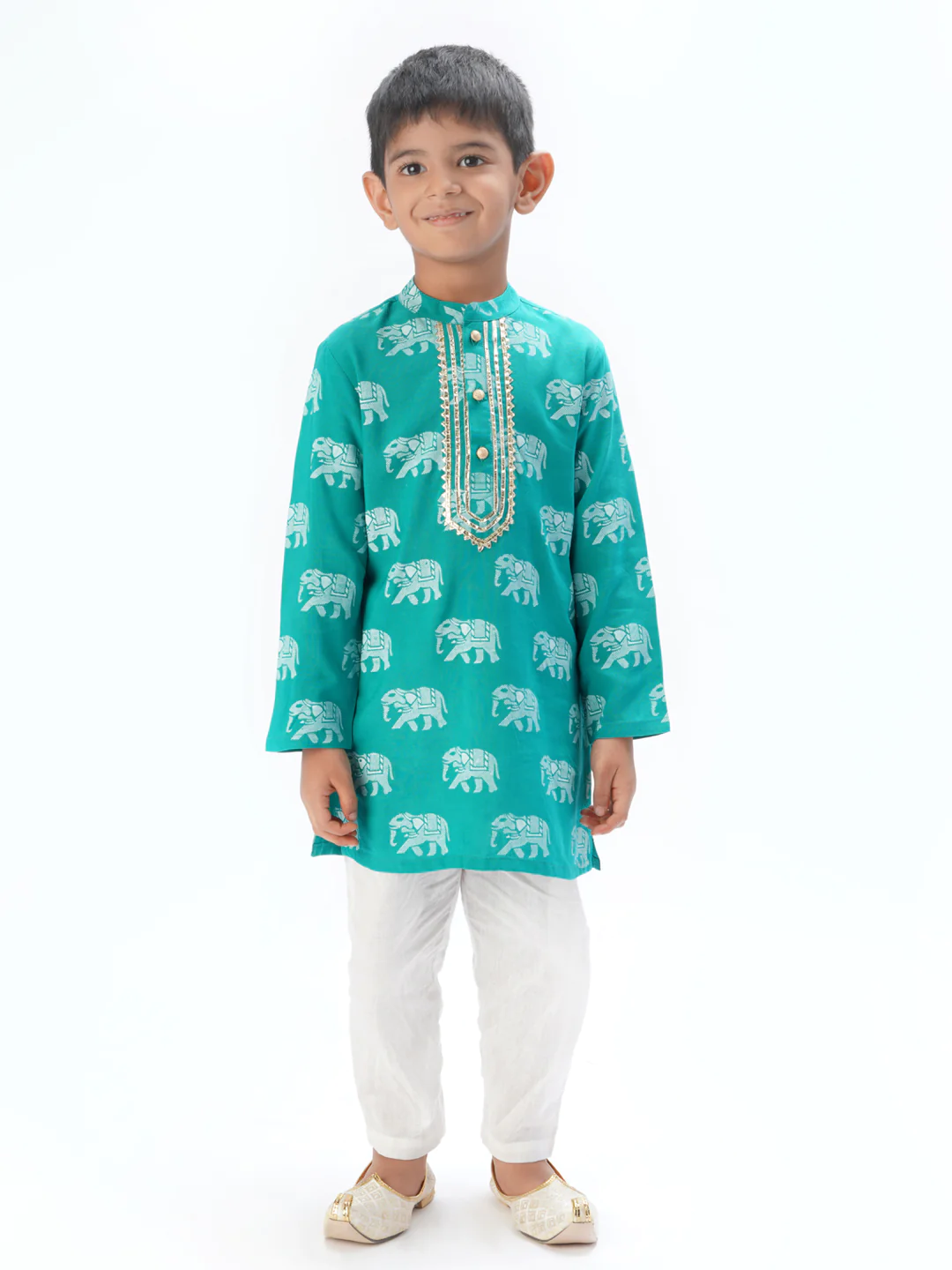 Boy Green Elephant Print Kurta Pyjama