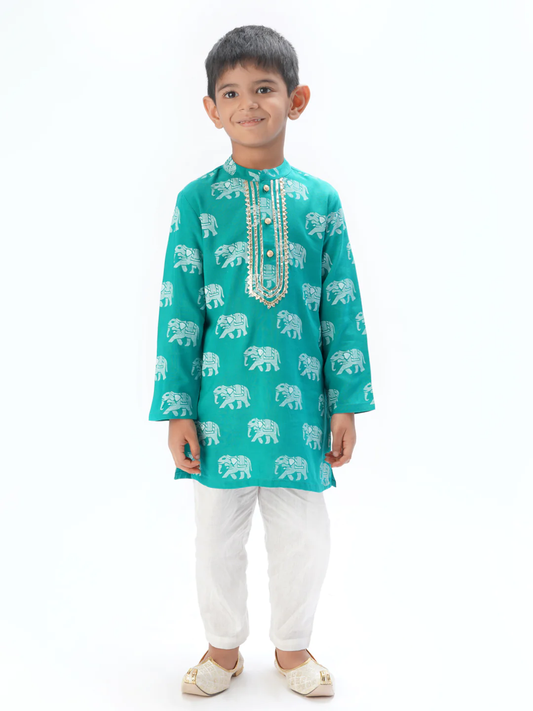 Boy Green Elephant Print Kurta Pyjama