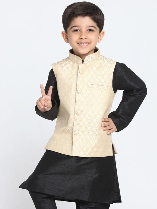 Boy Beige Golden Cotton Silk Blend Nehru Jacket Only