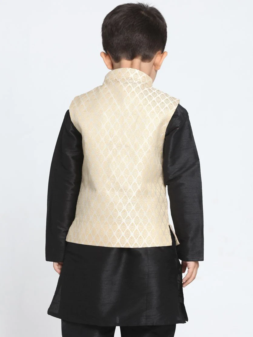 Boy Beige Golden Cotton Silk Blend Nehru Jacket Only