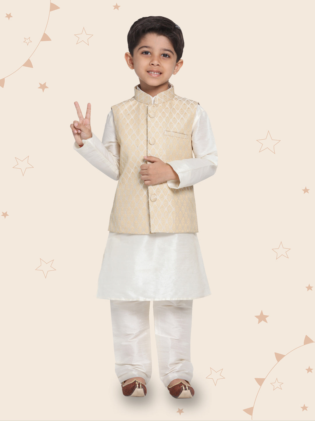 Boy- Golden work Jacket with Offwhite Kurta and Pyjama