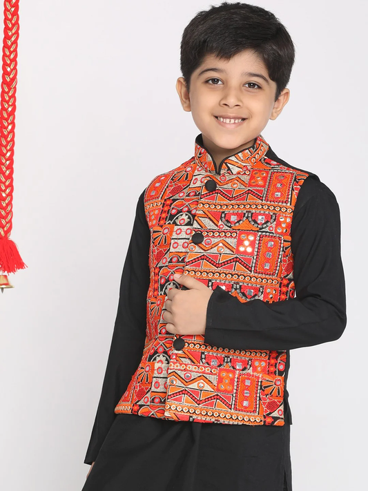 Boy Navratri Style Orange & Black Nehru Jacket Only