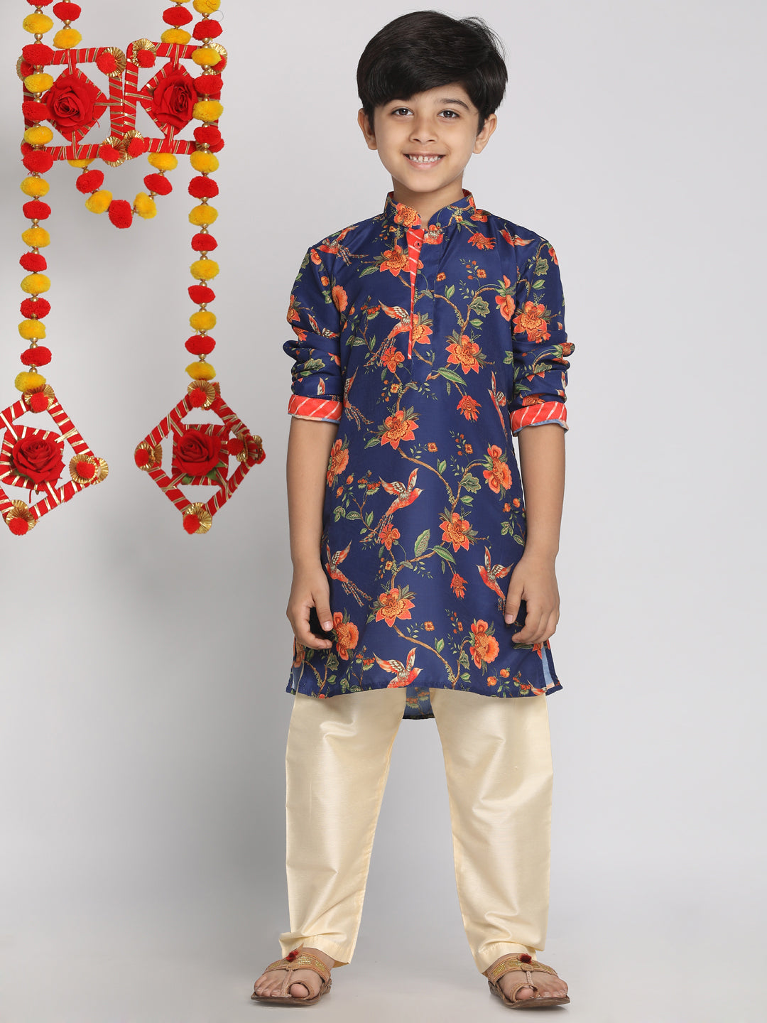 Boy - Navy Blue Floral Print Kurta Pyjama Set