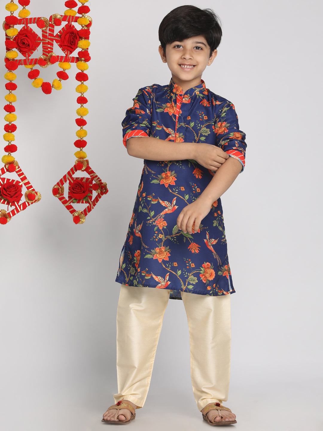 Boy - Navy Blue Floral Print Kurta Pyjama Set