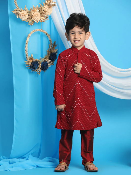 Boy Maroon Mirror work Kurta Pyjama