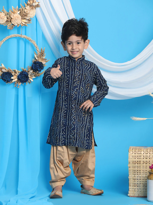 Boy Blue Bandhani Print Kurta with Golden Patiyala